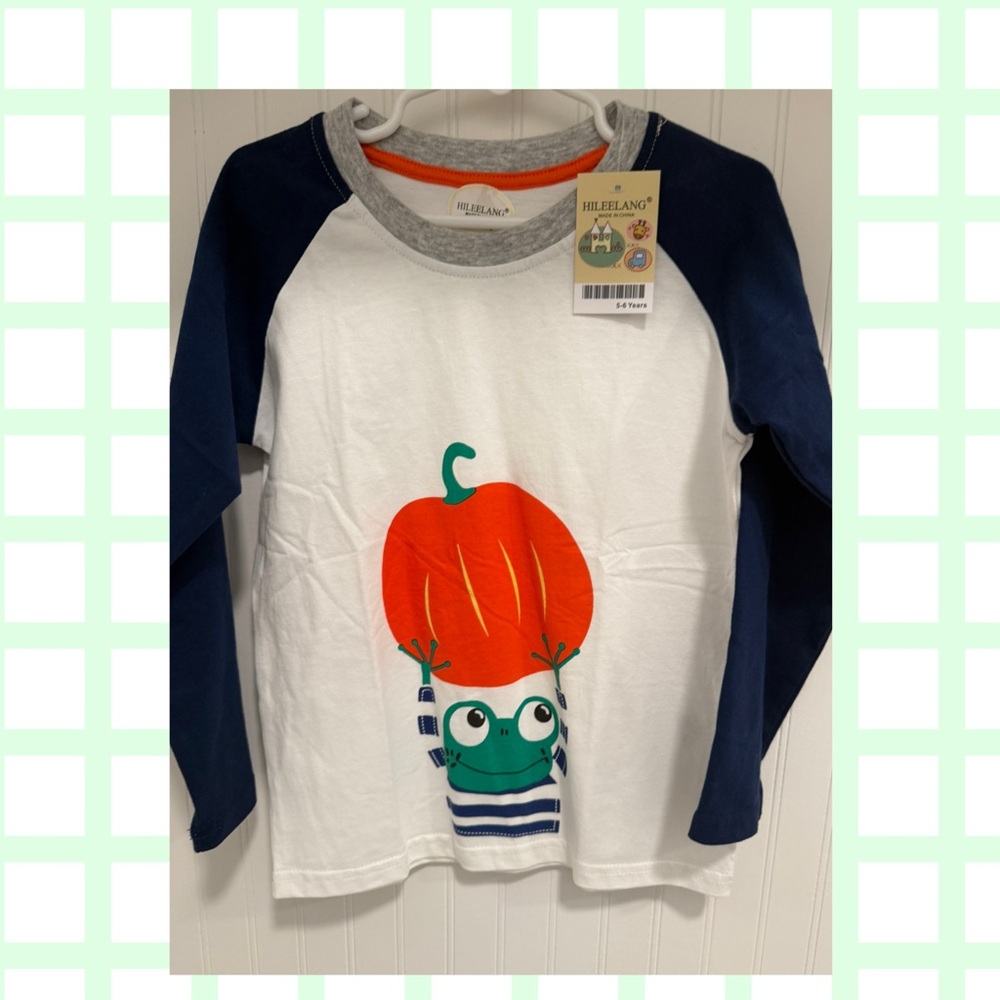 Blue and White Kids Shirt with Frog and Pumpkin Design